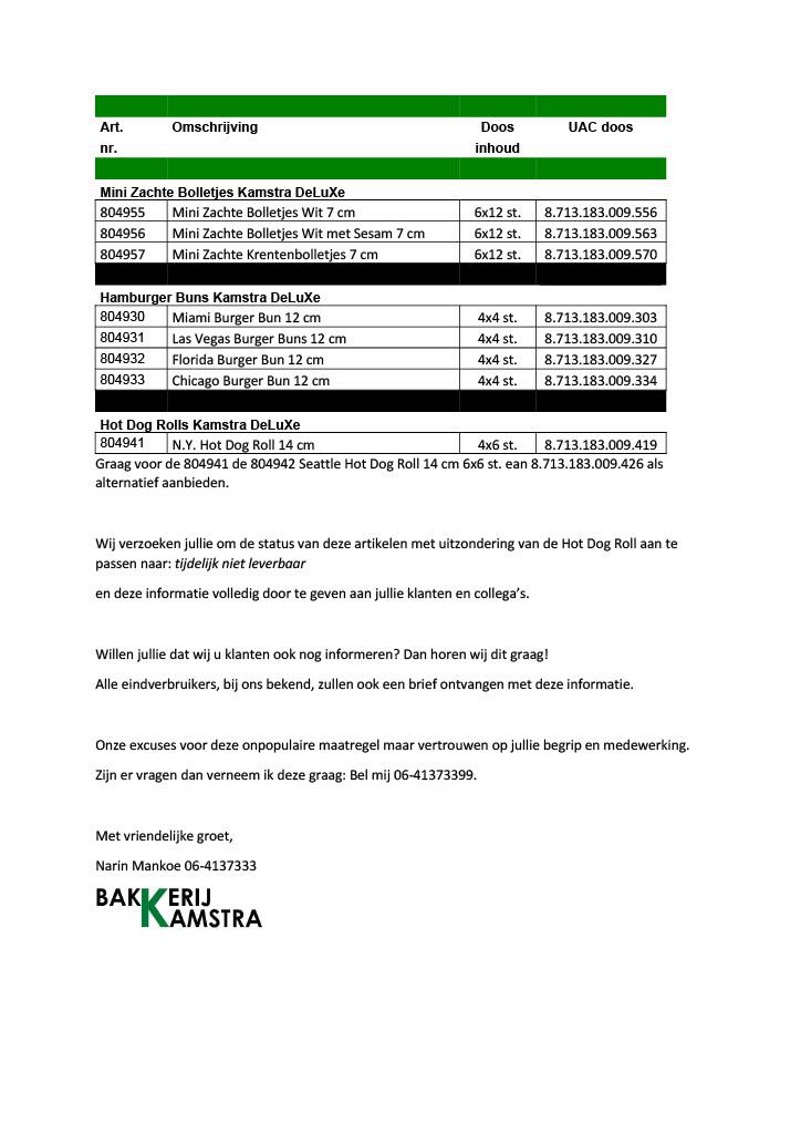 Bakkerij Kamstra info voorraad